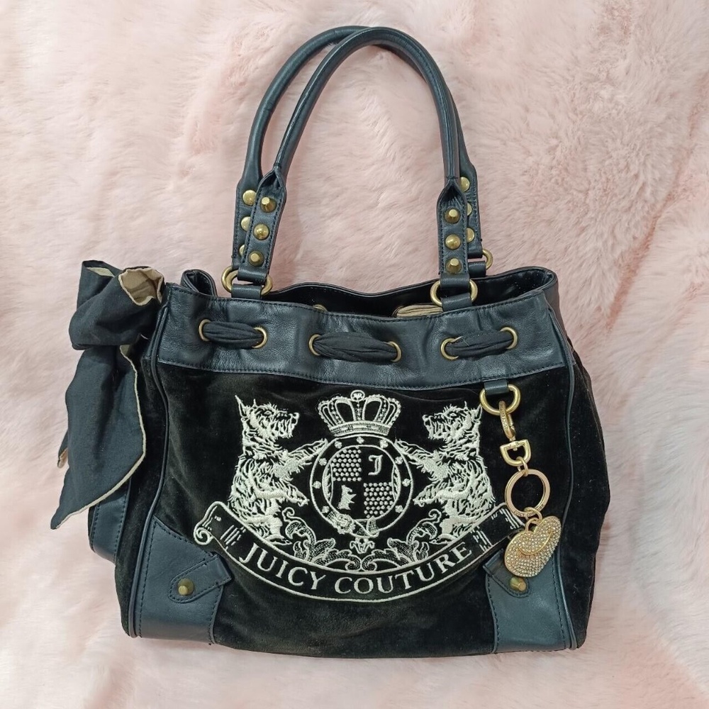 Juicy Couture Black Scottie Dog Velour Bag Purse Daydreamer Vintage Bow Charm